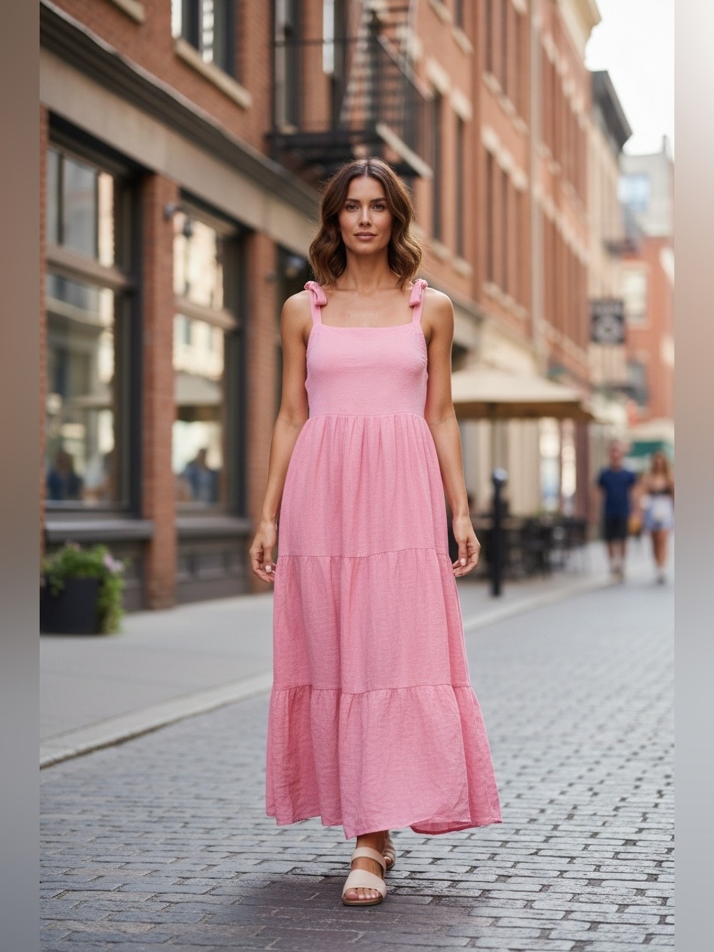 Zara Pink Tie-Shoulder Maxi Dress, Size Large